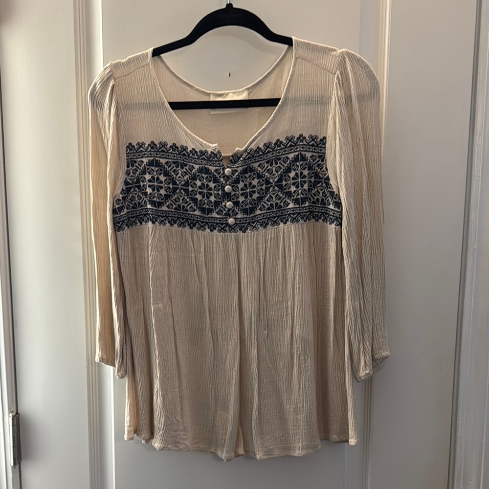 Cream and Blue Embellished Blouse with Flutter Sleeves